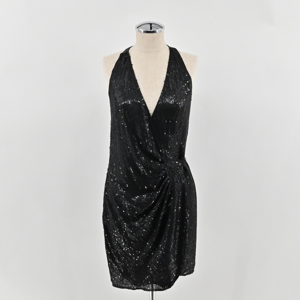 Parker Silk Sequin Wrap Dress Womens Size S Black Cocktail Mini‎ Party Going Out